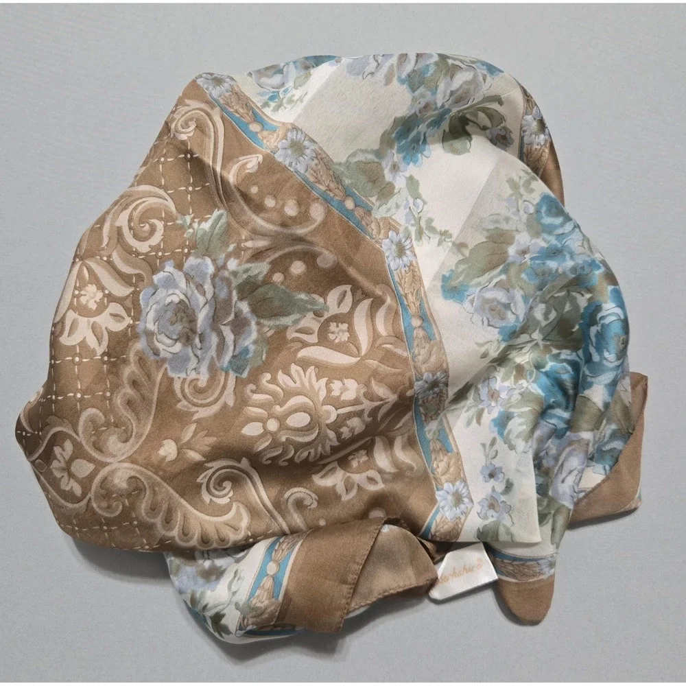 Berkshire Floral Scarf Blue Brown Roses Damask Earth Tones Italy Polyester 30x31